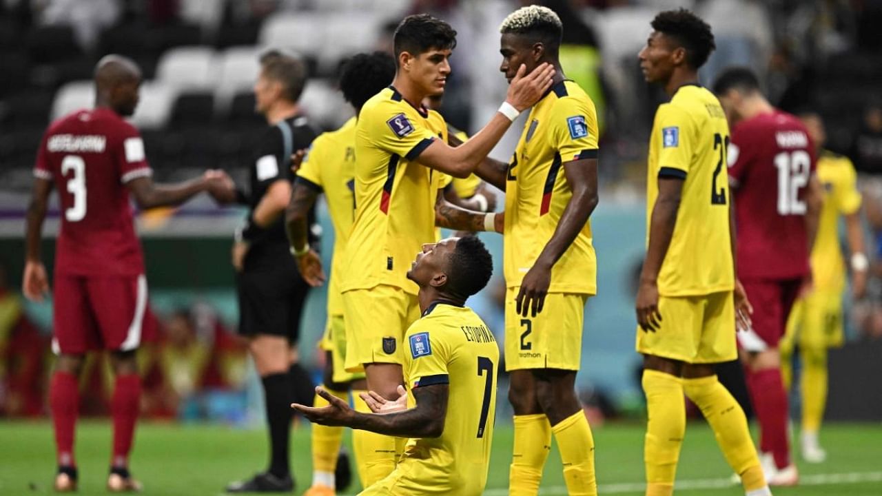 Ecuador players celebrate after they won the Qatar 2022 World Cup Group A football match against Qatar at the Al-Bayt Stadium in Al Khor. Credit: AFP Photo