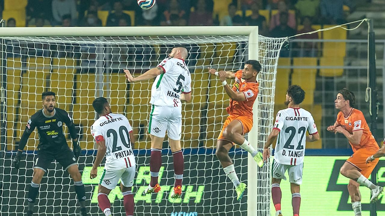 Brendan Hamill of ATK Mohun Bagan heads the ball to defend a goal during match 35 of the Indian Super League played between FC Goa and ATK Mohun Bagan at the Jawaharlal Nehru Stadium, Goa. Credit: PTI Photo