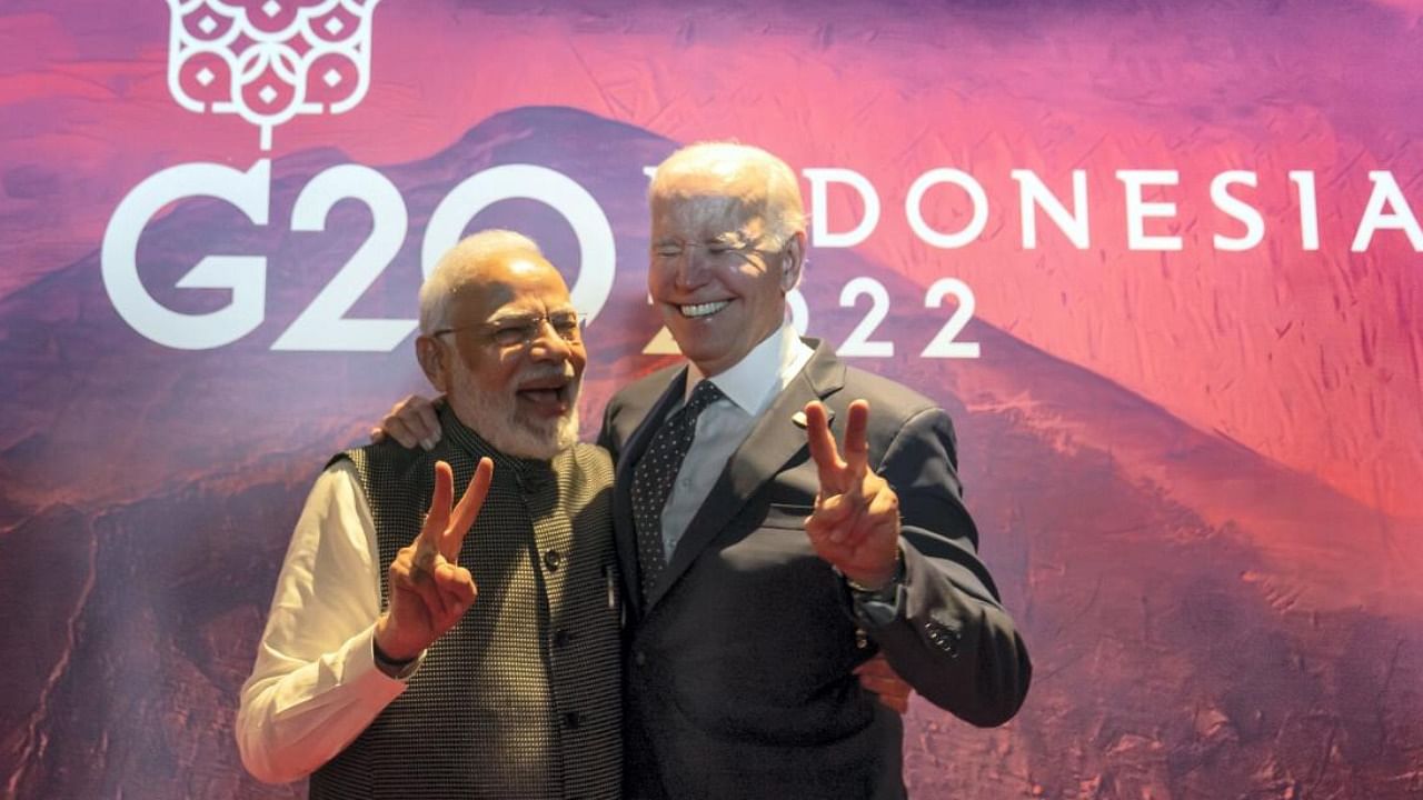 US President Joe Biden with Indian PM Narendra Modi at the G20 summit in Nusa Dua, Bali. Photo Credit: AP/PTI Photo