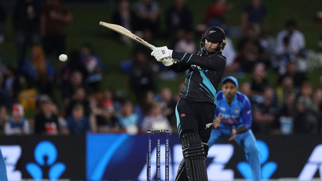 New Zealand's Devon Conway plays a shot during the third Twenty20 cricket match between New Zealand and India at McLean Park in Napier. Credit: AFP Photo