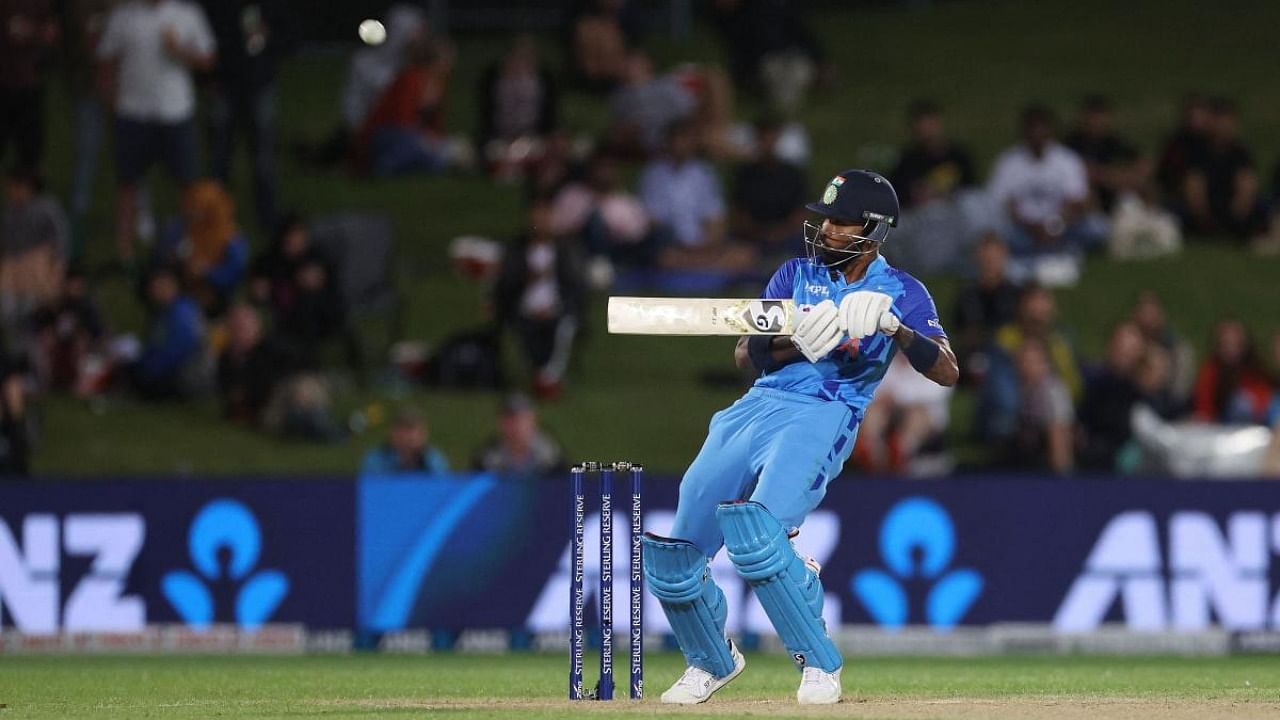 Hardik Pandya plays a shot during the third Twenty20 cricket match between New Zealand and India at McLean Park in Napier. Credit: AFP Photo