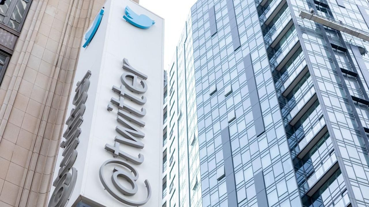 The Twitter sign seen at the company headquarters in San Francisco, California. Photo Credit: AFP