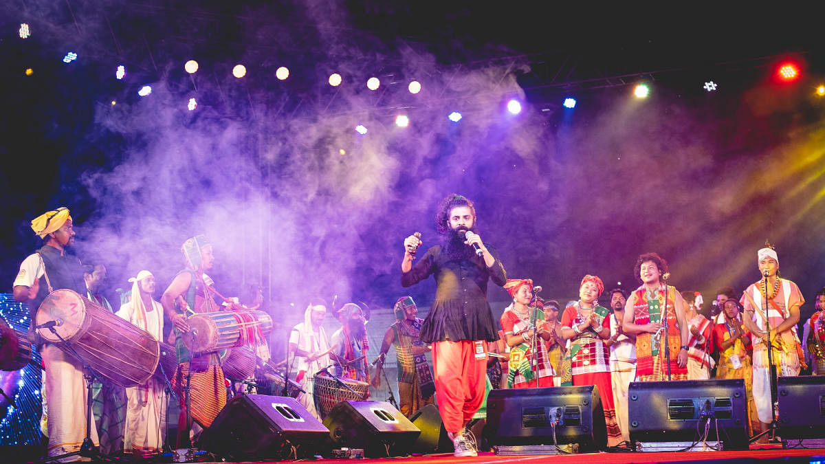 Swarathma and the tribal artistes they have collaborated with performed a 90-minute concert in Jamshedpur last week. Pic Credit: Poorvik Prasad