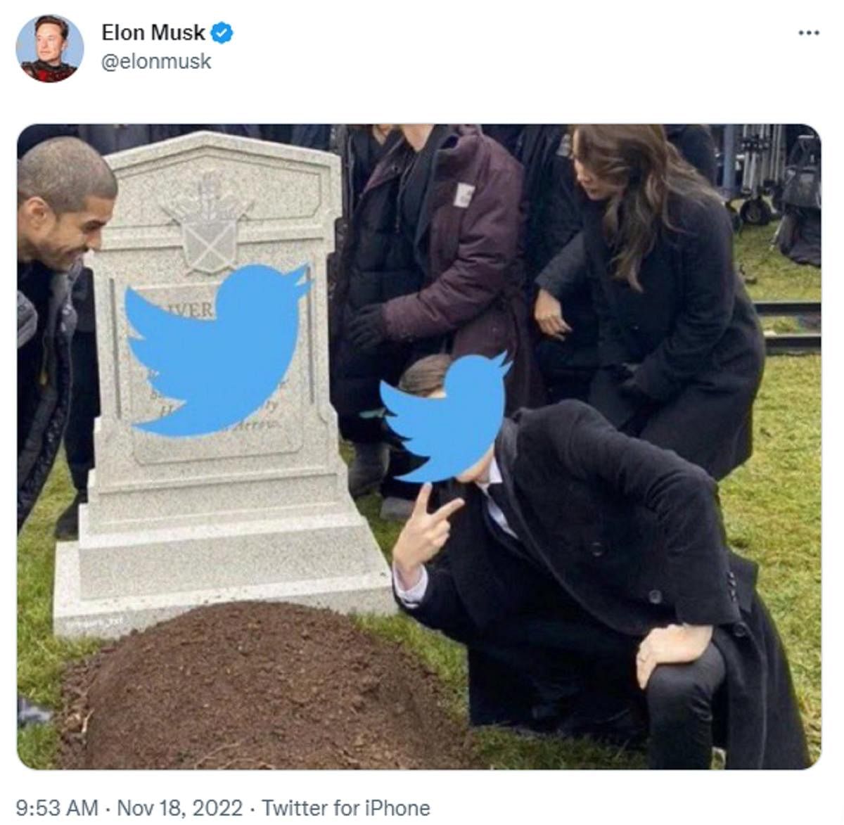 On Friday, Elon Musk posted this cryptic meme depicting Twitter being buried, triggering rumours that the microblogging site was on the verge of closure.