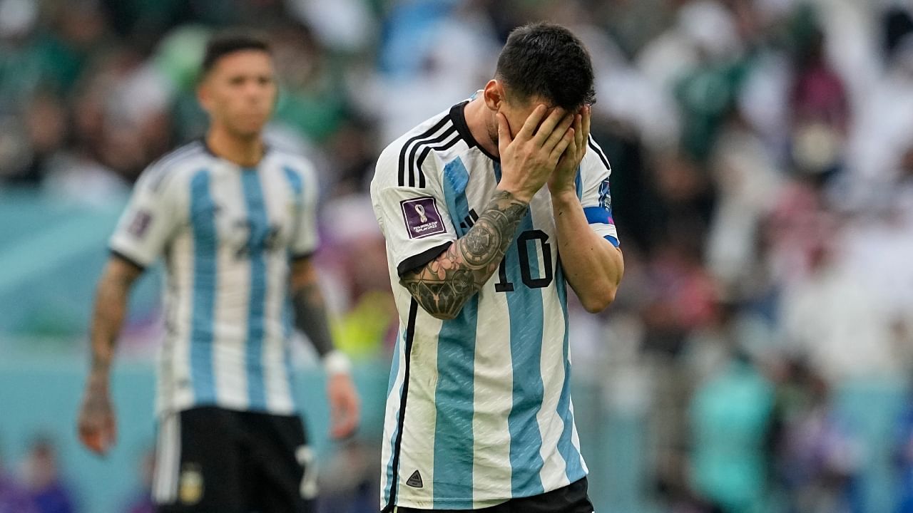 Lionel Messi reacts after missing a chance during the World Cup group C match between Argentina and Saudi Arabia, November 22, 2022. Credit: AP/PTI Photo