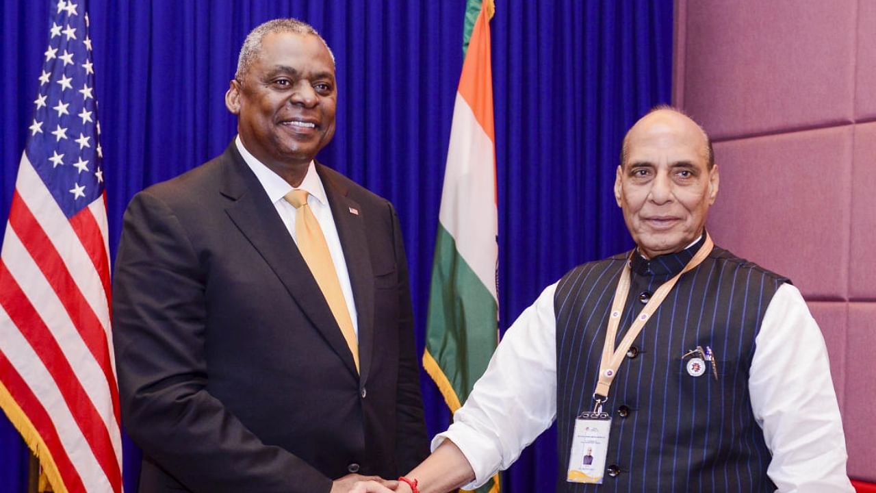 Defence Minister Rajnath Singh with US Secretary of Defence Lloyd J. Austin during a meeting, in Siem Reap, Cambodia. Credit: PTI Photo