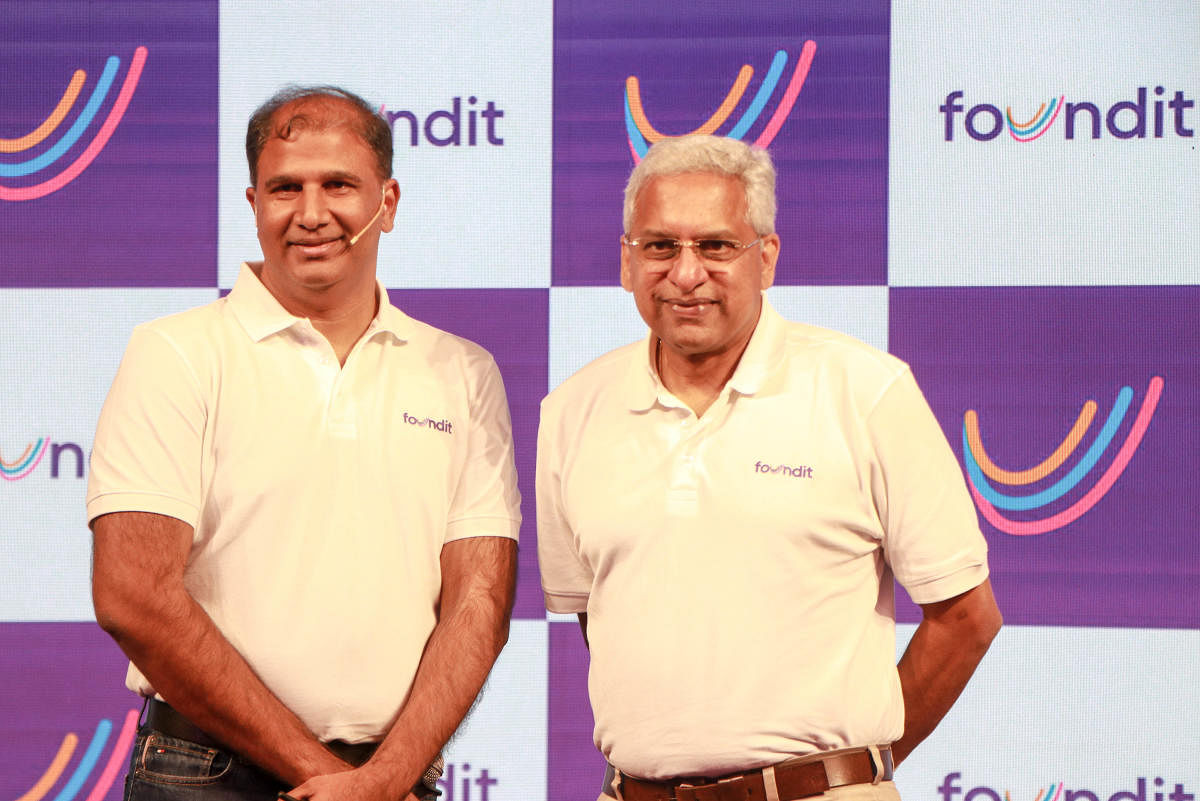 (Right to left) CEO, foundit Sekhar Garisa and Founder &amp; Non-Executive Chairman, Quess Corp Ajit Isaac, during the launch of foundit in Bengaluru on Wednesday. Credit: DH Photo
