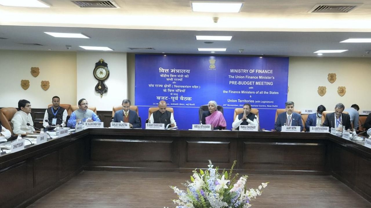Union Finance Minister Nirmala Sitharaman during her Pre-Budget Meeting with Finance Ministers of all the States and Union Territories at the Manekshaw Centre. Credit: PTI Photo