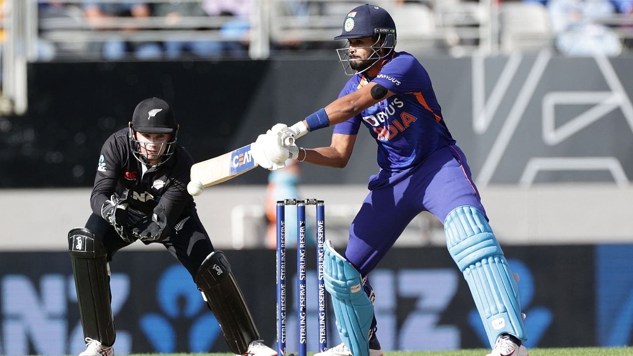 Shreyas Iyer plays a shot during India's 1st ODI against New Zealand in Auckland, November 25, 2022. Credit: AFP Photo