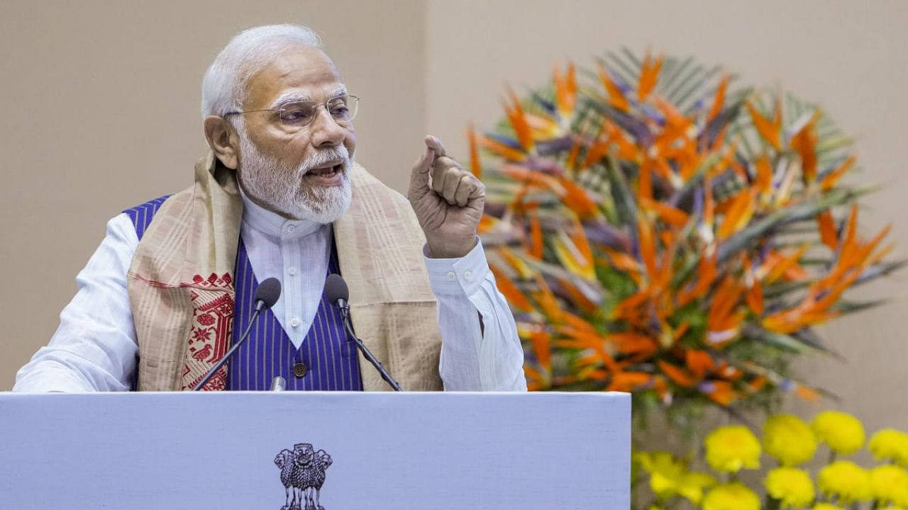 Prime Minister Narendra Modi addresses the closing ceremony of the year-long celebrations of the 400th birth anniversary of Lachit Barphukan at Vigyan Bhawan, in New Delhi. Credit: PTI Photo