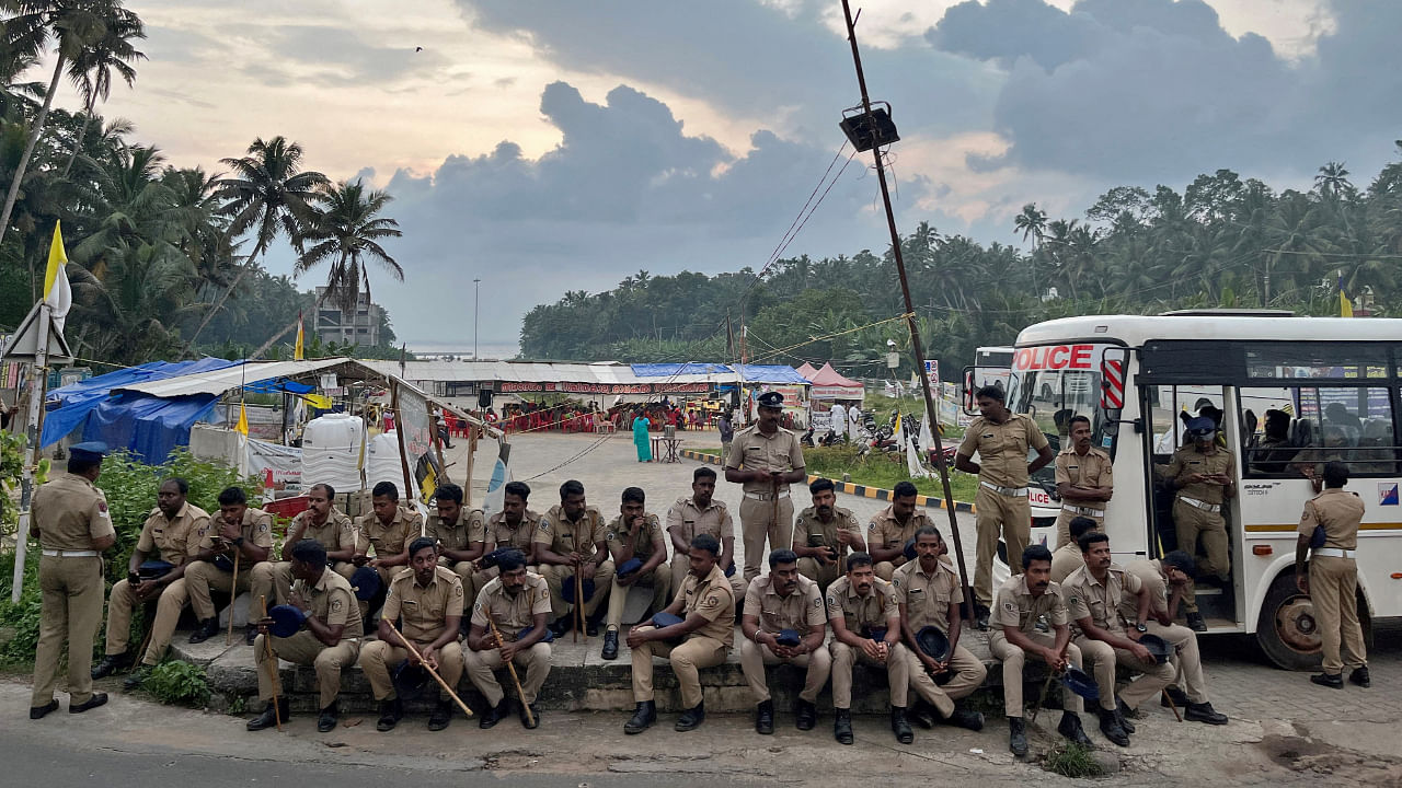 Police officers are deployed as fishermen protest near the entrance of the proposed Vizhinjam Port in the southern state of Kerala, India, November 9. Credit: Reuters Photo