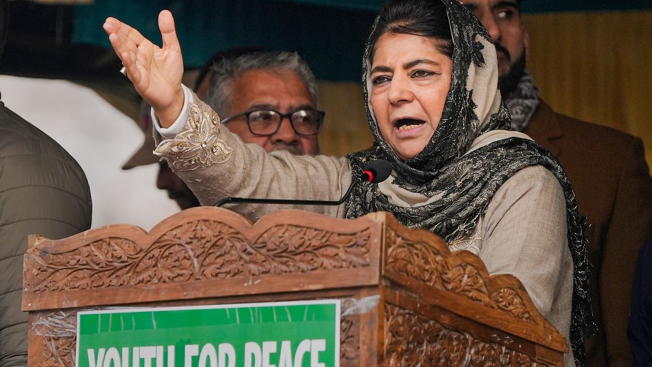 Peoples Democratic Party (PDP) President Mehbooba Mufti addresses a youth convention at Sher-e-Kashmkir Park, in Srinagar. Credit: PTI Photo