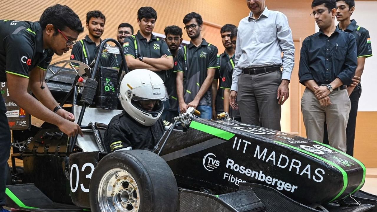 IIT Madras students' team Raftar launches its first electric formula racing car in Chennai. Credit: AFP Photo