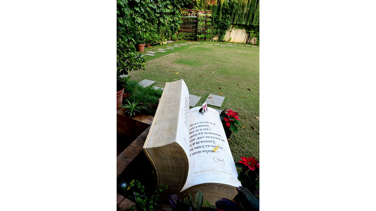 A bench shaped like Harivansh Rai Bachchan's book 'Madhushala'. Credit: PTI Photo