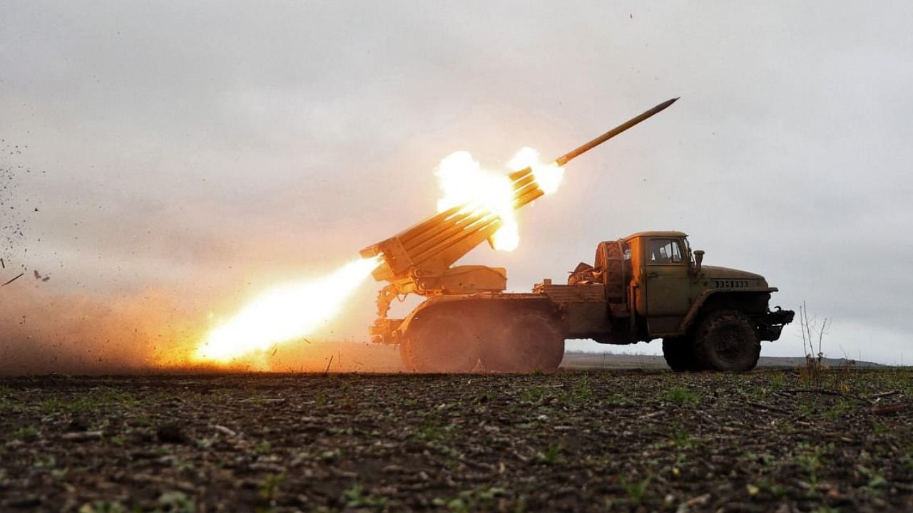 A multiple rocket launcher fires towards Russian positions on the front line near Bakhmut, Donetsk. Credit: AFP