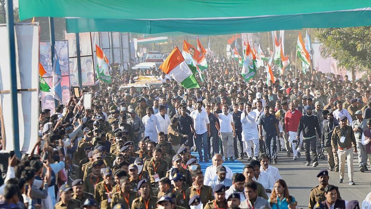 Congress leader Rahul Gandhi with other leaders and supporters during the Bharat Jodo Yatra, in Indore, Sunday, Nov. 27, 2022. Credit: PTI Photo