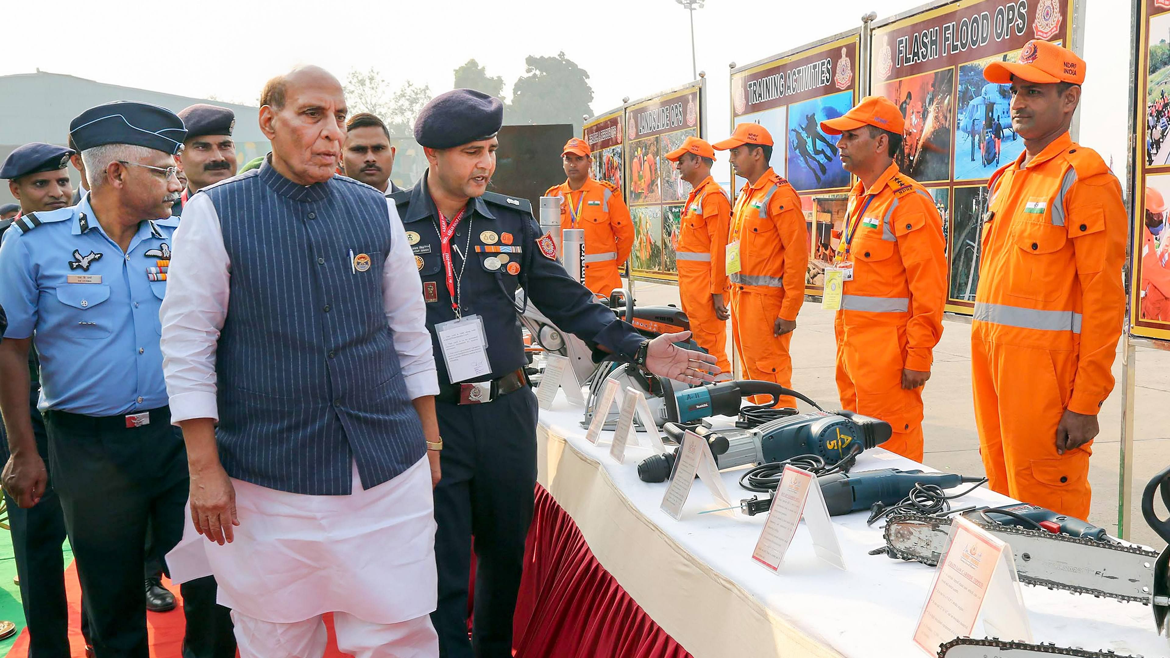 Defence Minister Rajnath Singh during the annual Joint Humanitarian Assistance and Disaster Relief (HADR) exercise 'Samanvay' 2022. Credit: PTI Photo
