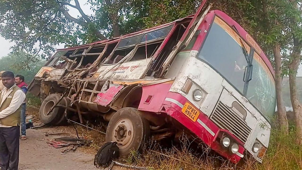 Wreckage of a roadways bus after its collision with a truck on the Lucknow-Bahraich highway. Credit: PTI Photo