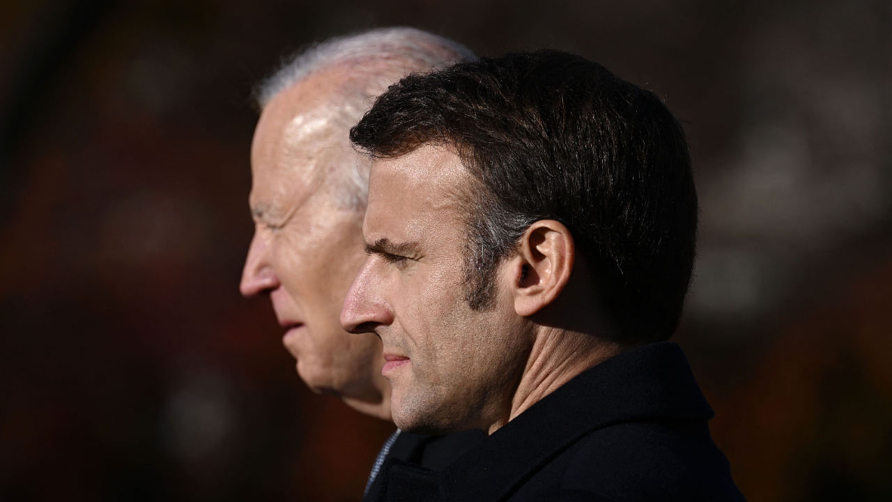 US President Joe Biden(L) welcomes French President Emmanuel Macron to the White House in Washington. Credit: AFP Photo