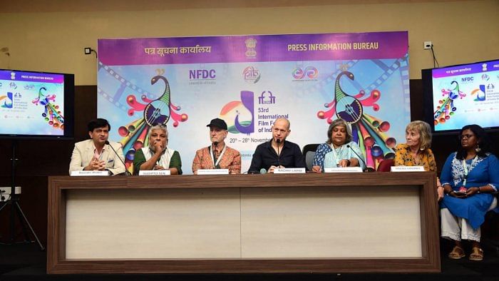 International Jury Chairman Nadav Lapid, Javier Angulo Barturen, Pascale Chavance and Sudipto Sen address the media at 53rd International Film Festival of India (IFFI), Panaji. Credit: PTI Photo