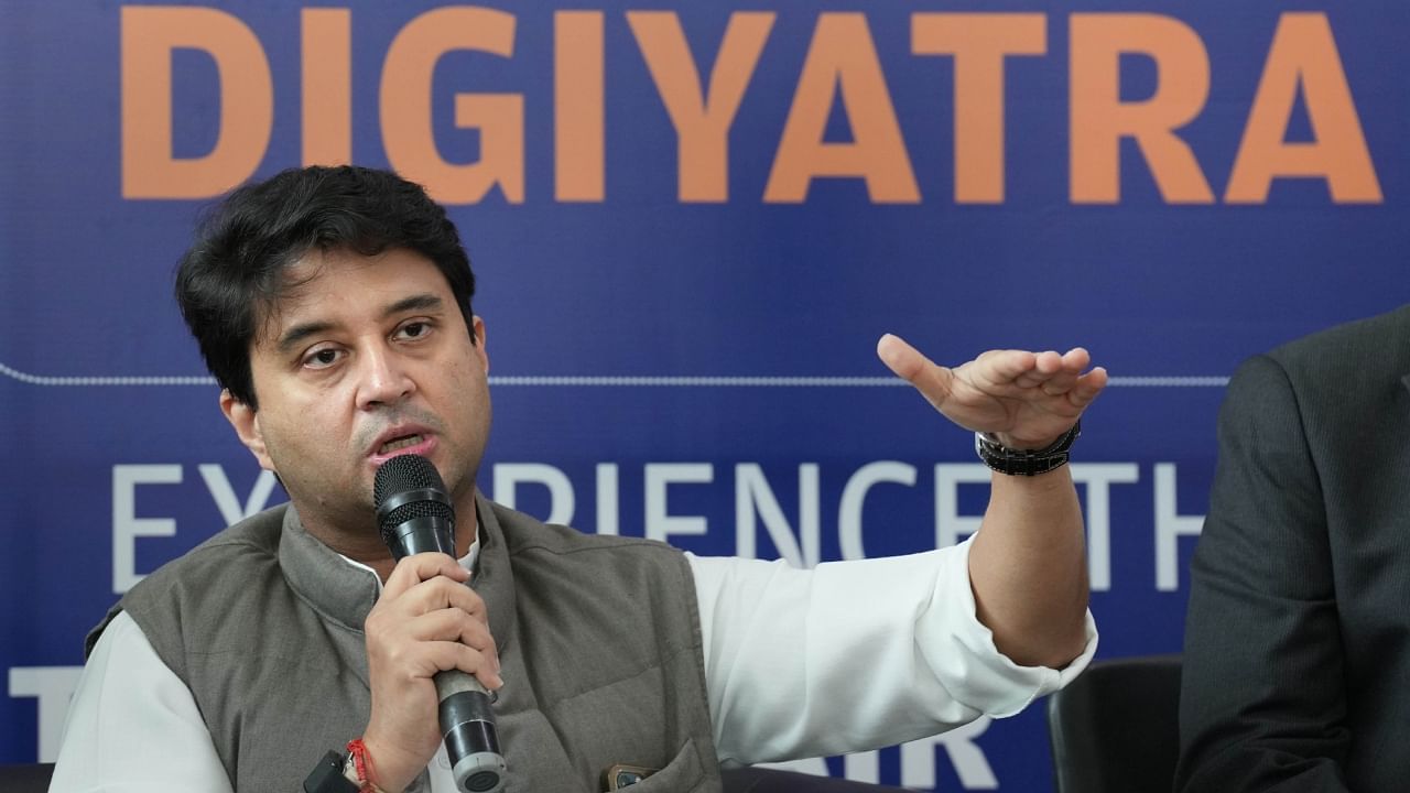 Union Minister for Civil Aviation Jyotiraditya Scindia addresses the media after the launch of DigiYatra facility at Terminal 3 of Indira Gandhi International Airport in New Delhi, Thursday, Dec. 1, 2022. Credit: PTI Photo