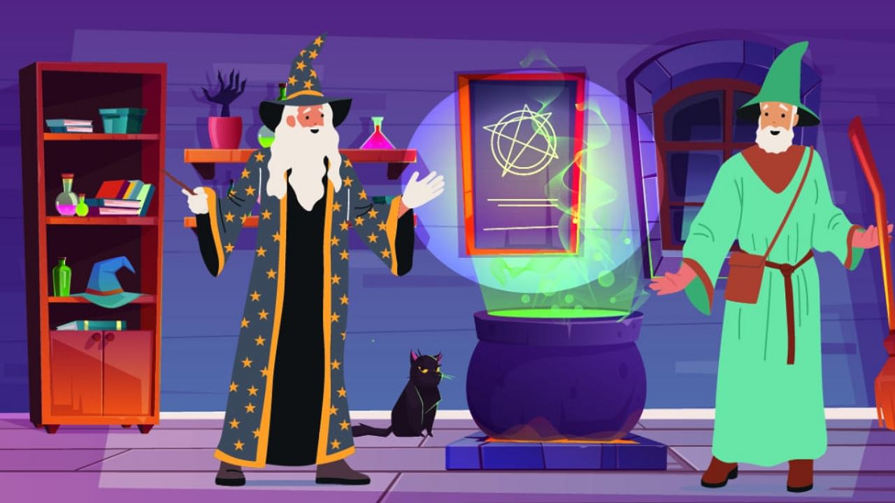 Illustration of wizards Dumbledore and Merlin. Credit: Special Arrangement