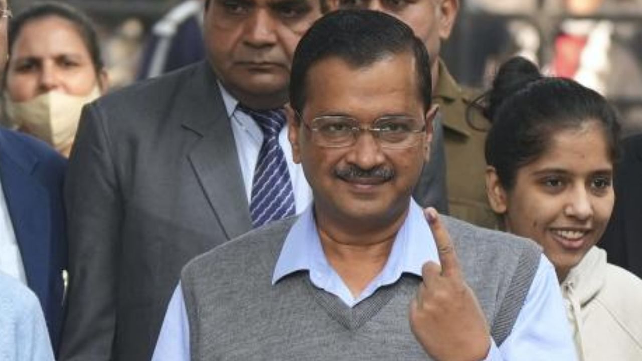 Delhi Chief Minister and AAP Convener Arvind Kejriwal shows his finger after casting his vote for the MCD elections. Credit: PTI Photo
