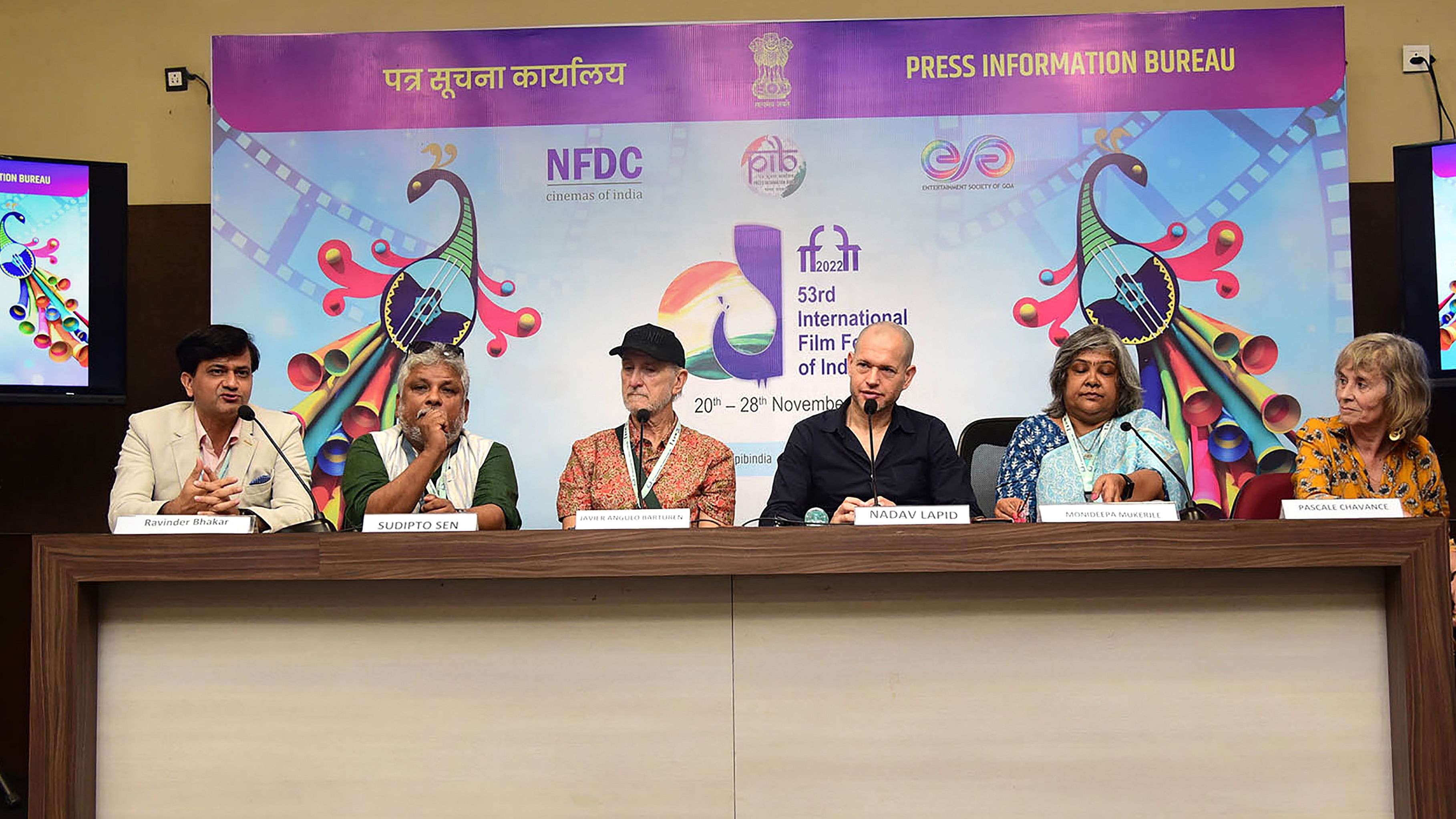  International Jury Chairman Nadav Lapid, Javier Angulo Barturen, Pascale Chavance and Sudipto Sen address the media at 53rd International Film Festival of India (IFFI), Panaji in Goa. Credit: PTI Photo