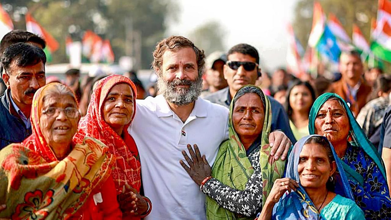 Congress leader Rahul Gandhi with supporters during the party's 'Bharat Jodo Yatra'. Credit: PTI Photo