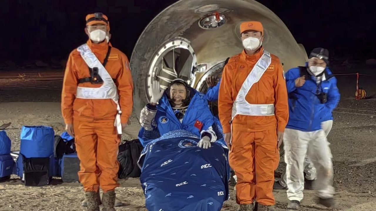 Chinese astronauts landed in a northern desert on Sunday after six months working to complete construction of the Tiangong station. Credit: AP/PTI