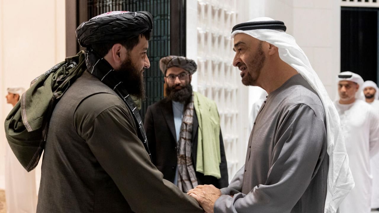 President of the United Arab Emirates Sheikh Mohamed bin Zayed Al Nahyan bids farewell to Afghanistan's Acting Defence Minister Mullah Mohammad Yaqoob at Al-Shati Palace in Abu Dhabi. Credit: Reuters photo/Ryan Carter/UAE Presidential Court