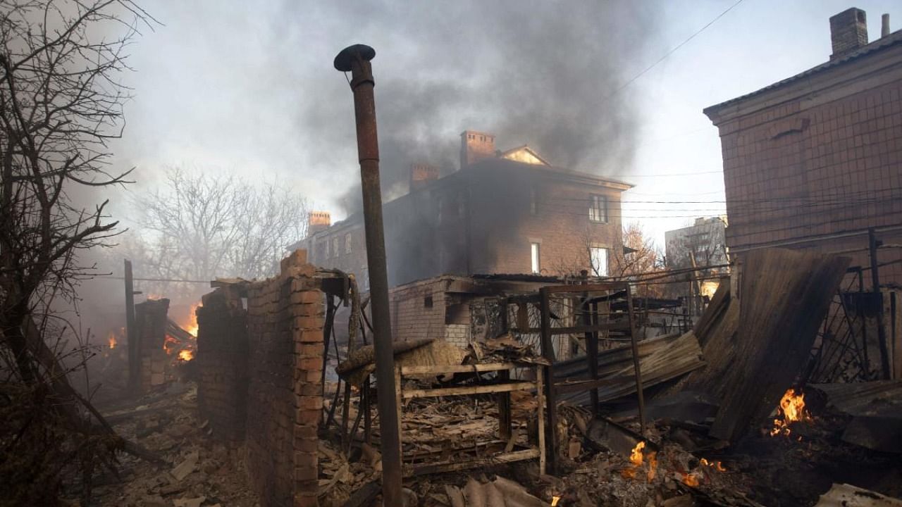A building burns after shelling in Bakhmut, Donetsk region, amid Russia's invasion of Ukraine. Credit: AFP Photo