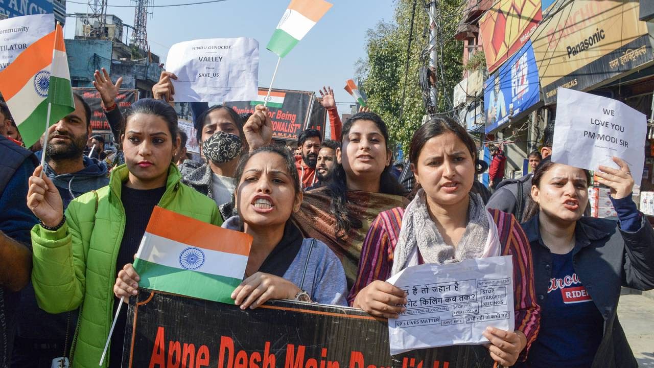 Kashmiri Pandits raise slogans during a protest. Credit: PTI File Photo