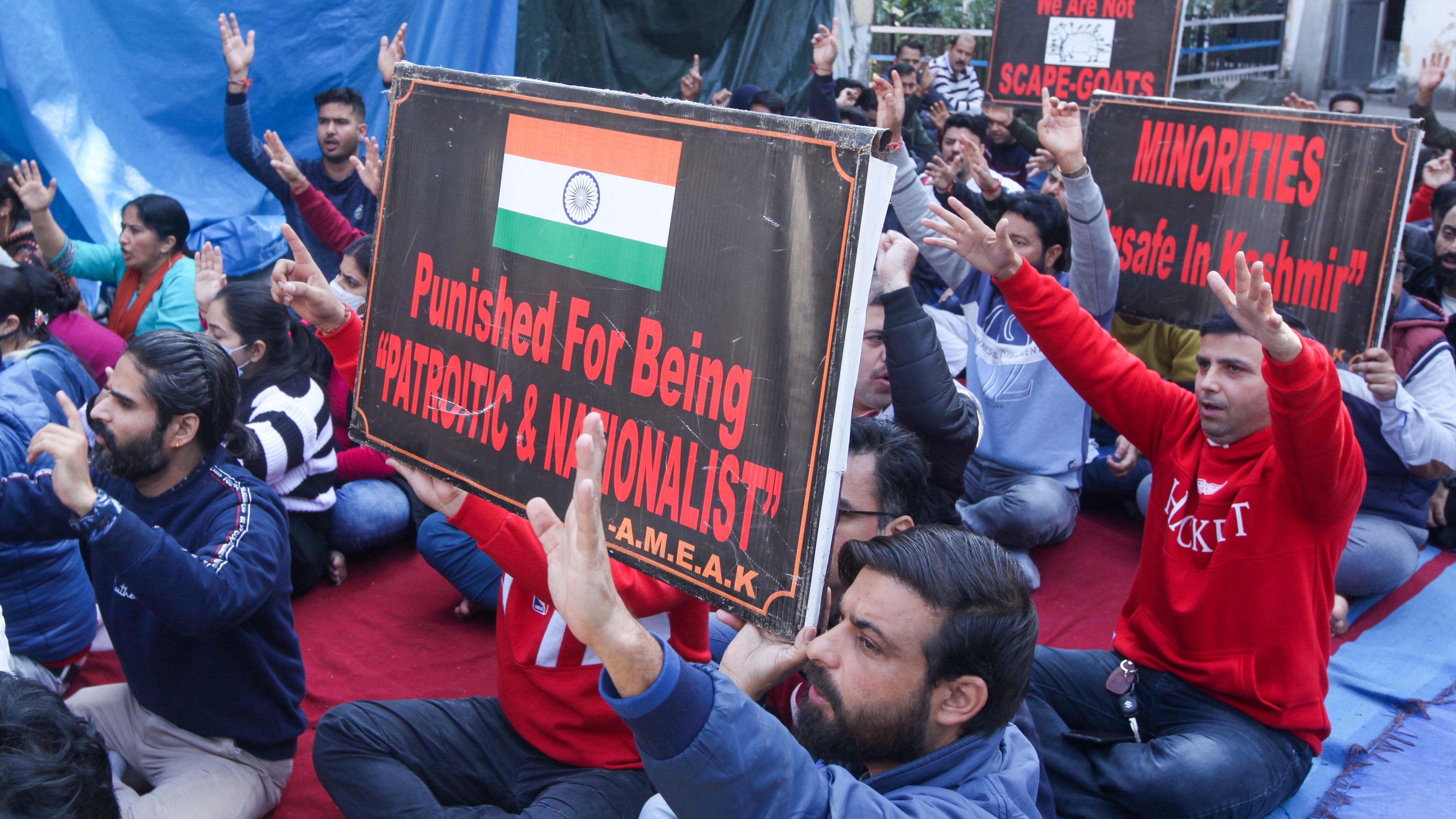 Kashmiri Pandits protest against the Israeli filmmaker Nadav Lapid's remarks on the movie 'The Kashmir Files', outside the Relief Commissioner office, in Jammu. Credit: PTI Photo