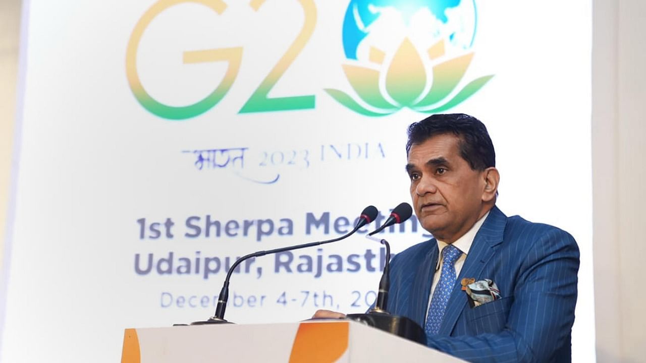 India's G-20 Sherpa Amitabh Kant speaks at the first G20 Sherpa meeting, in Udaipur. credit: PTI Photo