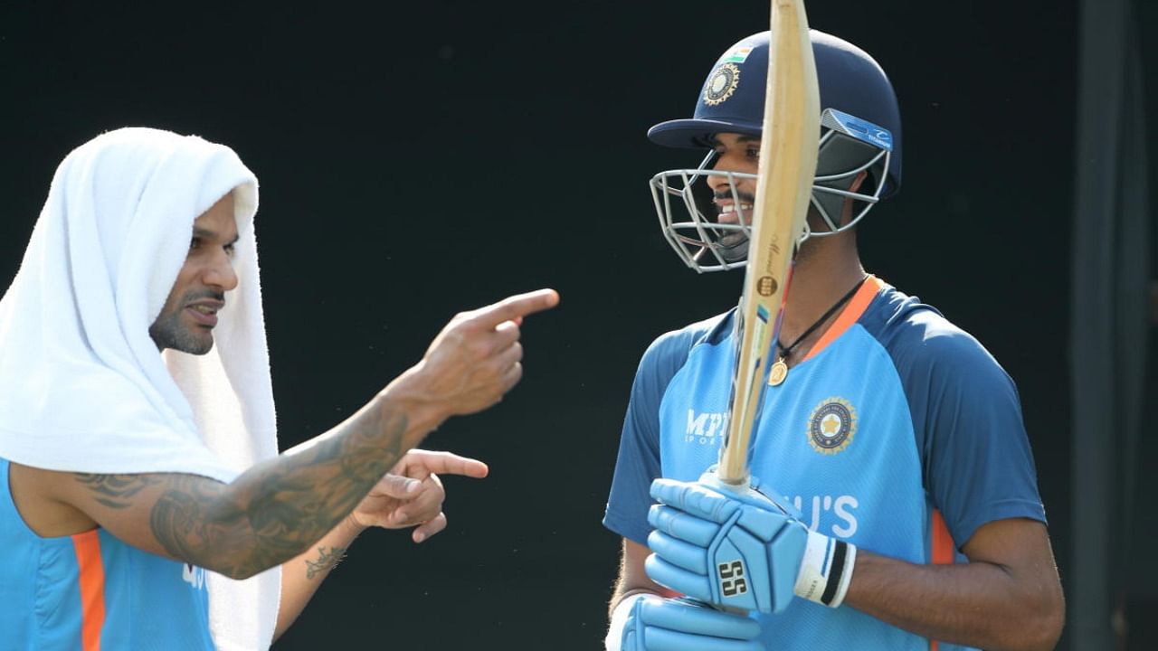 Shikhar Dhawan, left and Washington Sundar attend a training session ahead of their second one day international cricket match against Bangladesh in Dhaka. Credit: AFP Photo