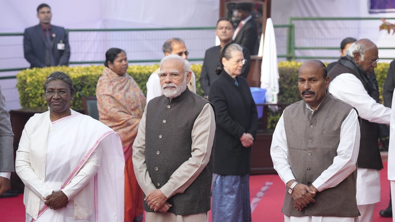 President Droupadi Murmu with Prime Minister Narendra Modi and Union Minister for Social Justice & Empowerment Virendra Kumar at a ceremony to pay homage to Ambedkar. Credit: PTI Photo