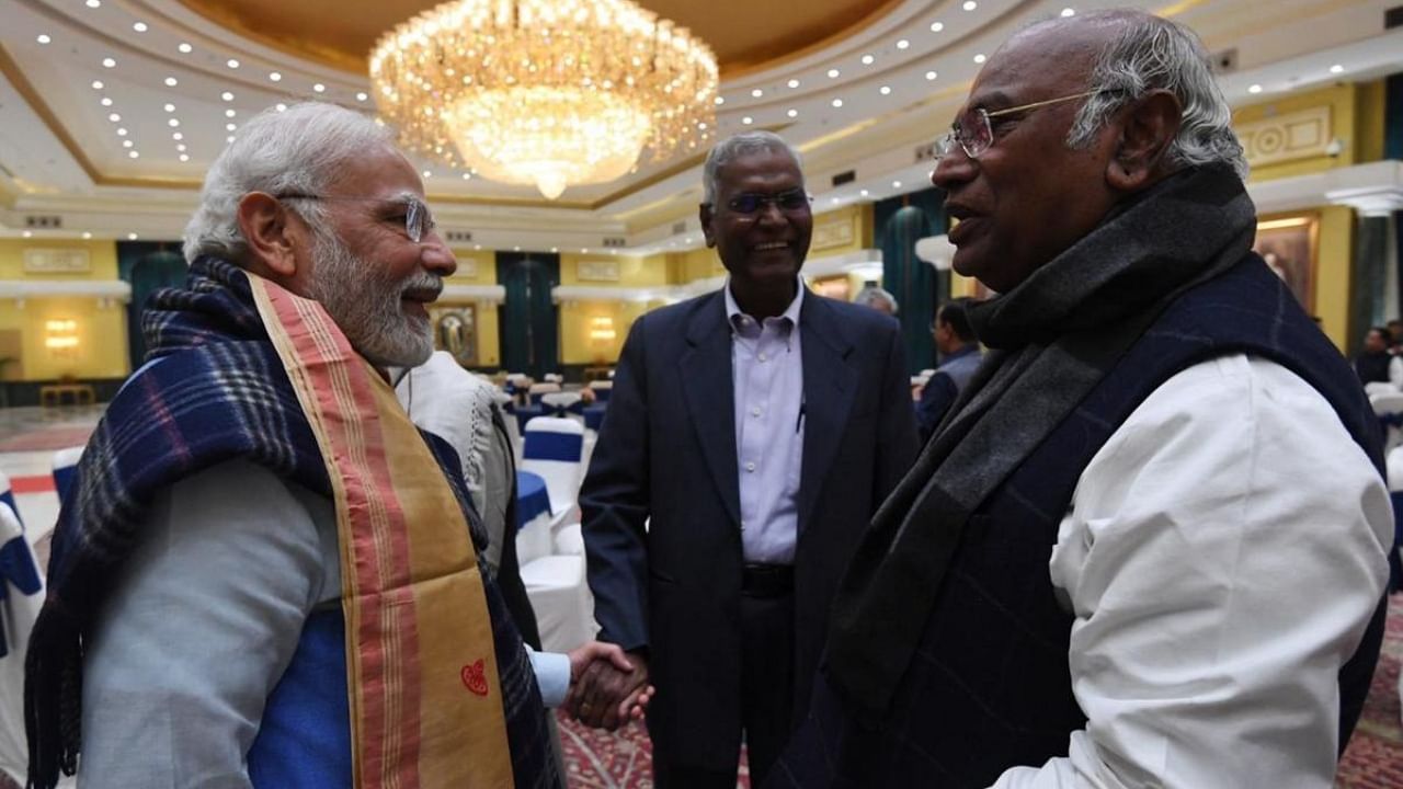 Prime Minister Narendra Modi with Congress President Mallikarjun Kharge during the all-party meeting on G20 summit. Credit: PTI Photo