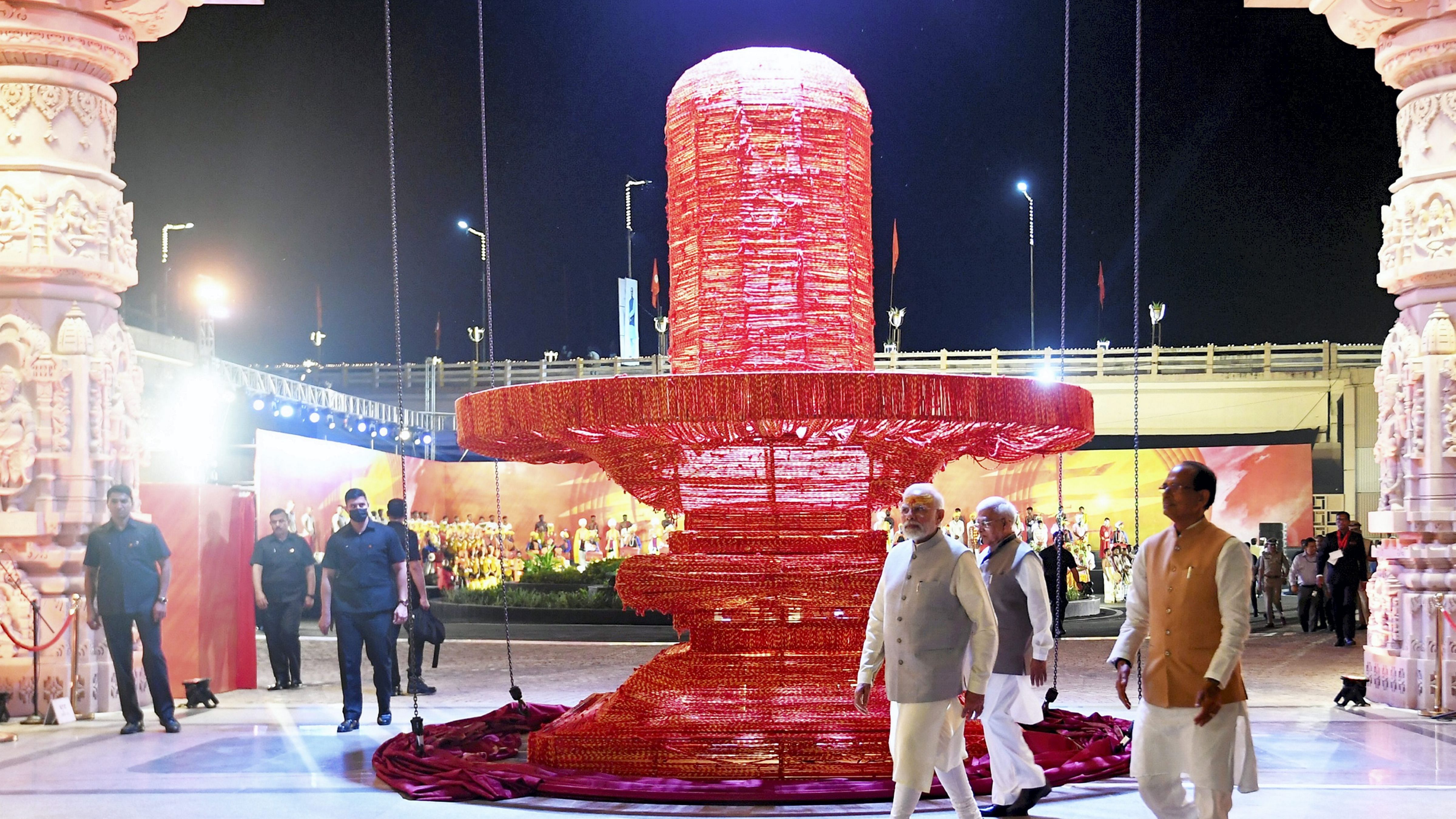 Ujjain: Prime Minister Narendra Modi with Madhya Pradesh Chief Minister Shivraj Singh Chouhan during dedication of ' Shri Mahakal Lok' corridor, the first phase of the Mahakaleshwar Temple corridor development project. Credit: PIB via PTI Photo