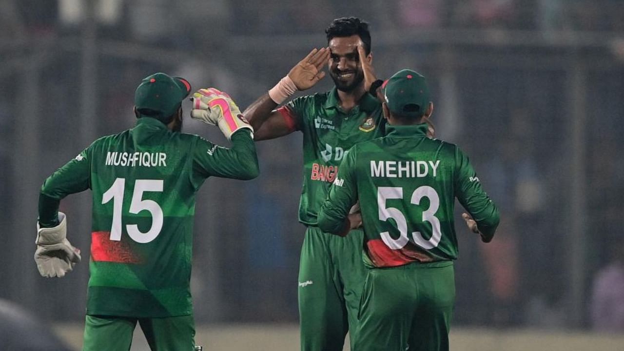 Bangladesh's Ebadot Hossain (C) celebrates after the dismissal of India's Deepak Chahar (not pictured) during the second one-day international (ODI) cricket match between Bangladesh and India at the Sher-e-Bangla National Cricket Stadium in Dhaka on December 7, 2022. Credit: AFP Photo