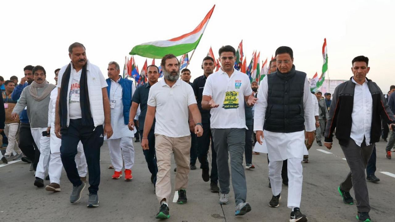 Congress leader Rahul Gandhi with party leaders Sachin Pilot, Randeep Surjewala and others during the party's 'Bharat Jodo Yatra', in Dara, Rajasthan, Wednesday, Dec. 7, 2022. Credit: PTI Photo