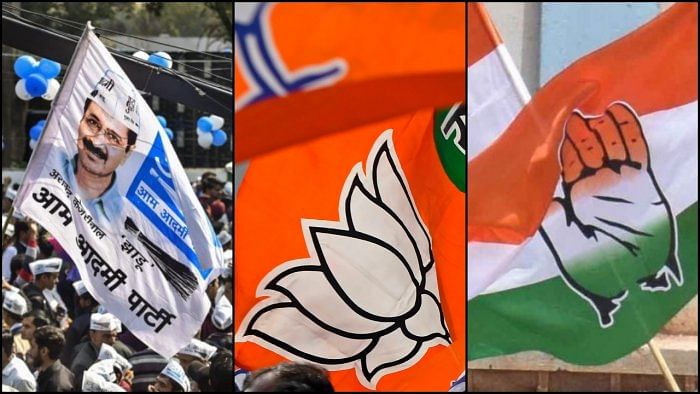 AAP, BJP and Congress flags. Credit: DH, PTI Photos