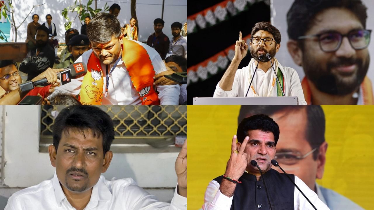 (Clockwise) Hardik Patel, Jignesh Mevani, Isudan Gadhvi and Alpesh Thakor. Credit: PTI/AFP Photos