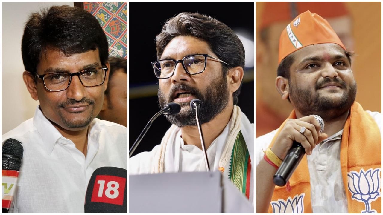 Alpesh Thakor (L), Jignesh Mevani(C) and Hardik Patel(R). Credit: PTI Photo