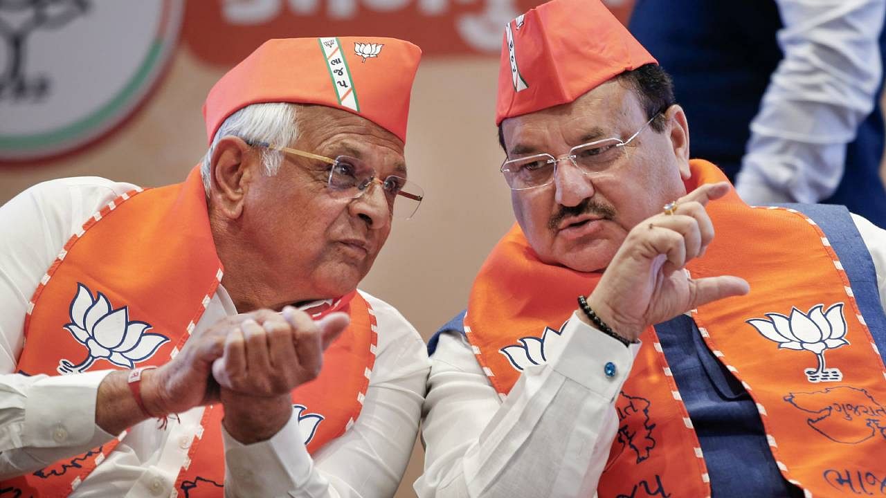 BJP National President J P Nadda and Gujarat CM Bhupendra Patel. Credit: PTI File Photo