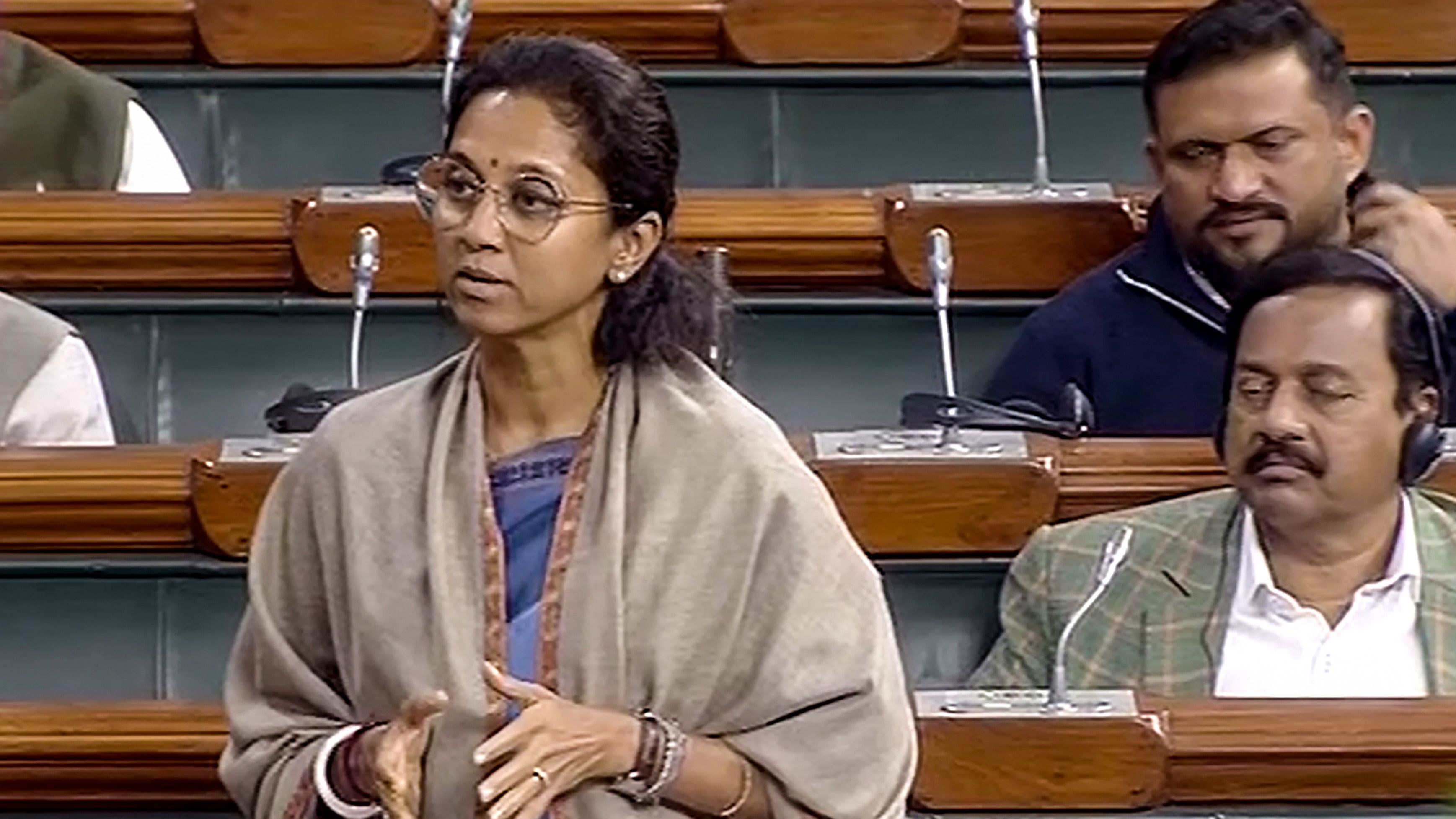 NCP MP Supriya Sule speaks in the Lok Sabha on the first day of the Winter Session of Parliament. Credit: PTI Photo