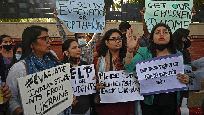 Parents of Indian students studying in Ukraine take part in a protest against Russia's invasion of Ukraine. Credit: AFP File Photo