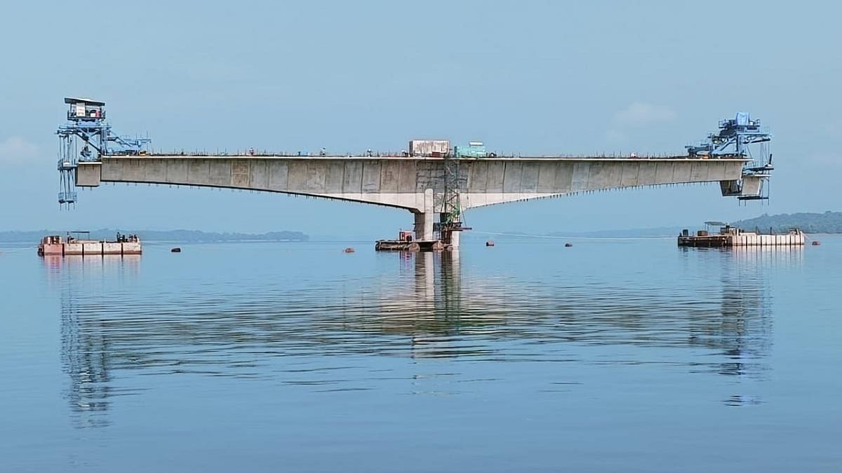 The cable-stayed bridge under construction across Sharavathi backwaters in Shivamogga district. Credit: Special Arrangement