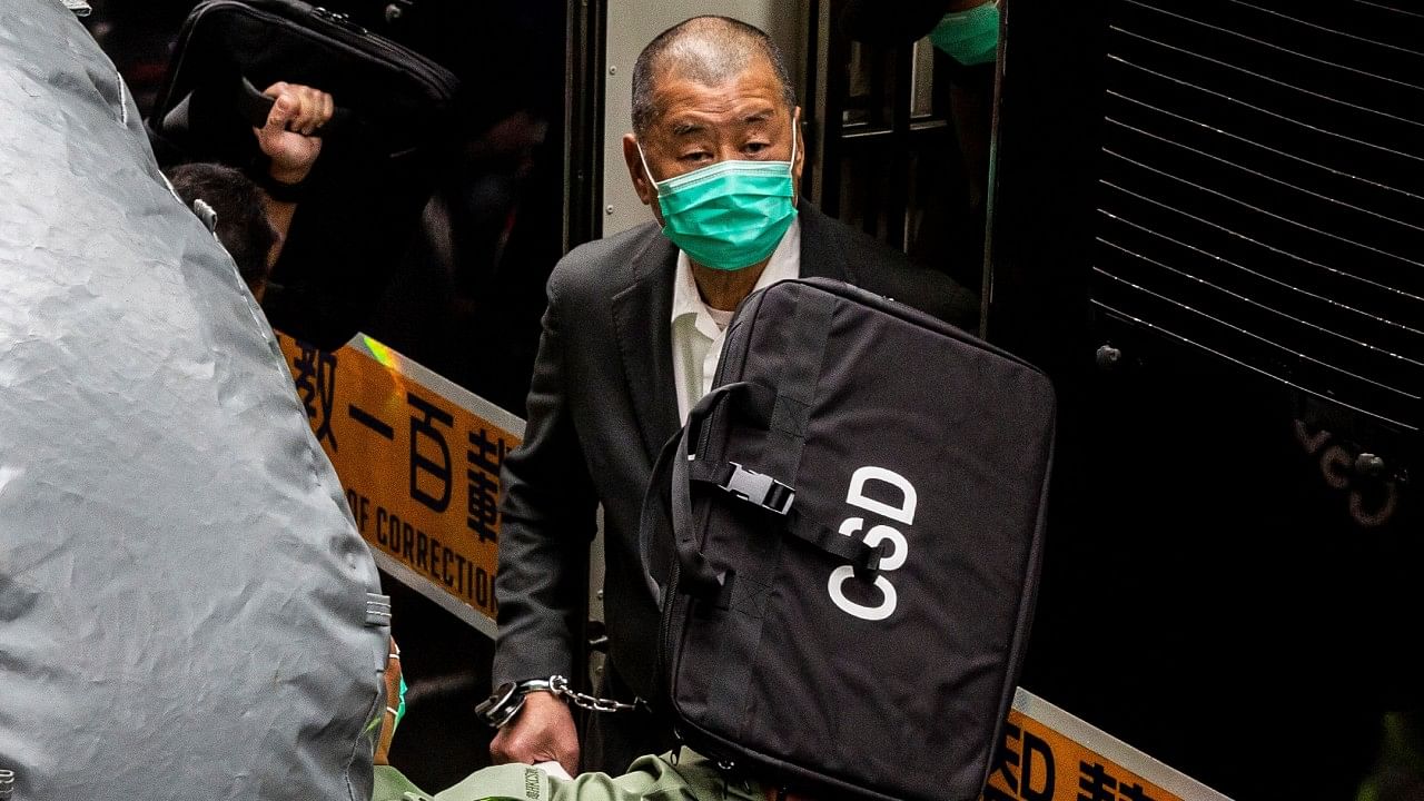 This file photo taken on February 9, 2021 shows Hong Kong pro-democracy media tycoon Jimmy Lai arriving at the Court of Final Appeal. Credit: AFP Photo