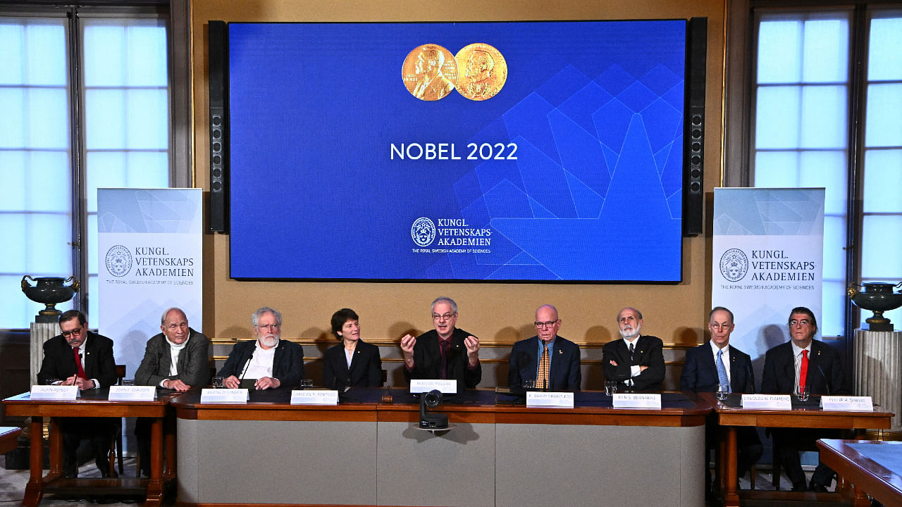 Nobel Prize laureates in physics Alain Aspect, John F. Clauser, Anton Zeilinger, in chemistry Carolyn R. Bertozzi, Morten Meldal, K. Barry Sharpless and in economics Ben S. Bernanke, Douglas W. Diamond, Philip H. Dybvig attend a news conference at the Royal Swedish Academy of Science in Stockholm, Sweden, December 7, 2022. Credit: Reuters Photo